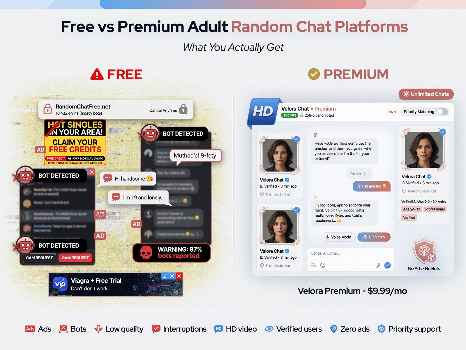 Comparison illustration showing free versus premium adult video chat platform experience