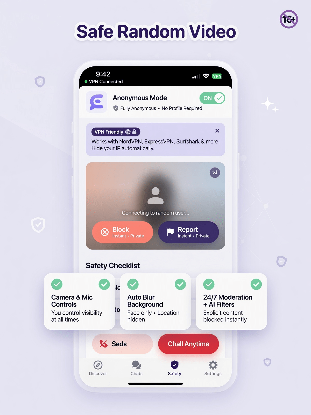 Mobile privacy controls on an adult omegle style video chat app interface