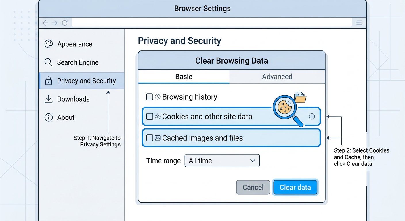 Browser settings for clearing cookies and cache