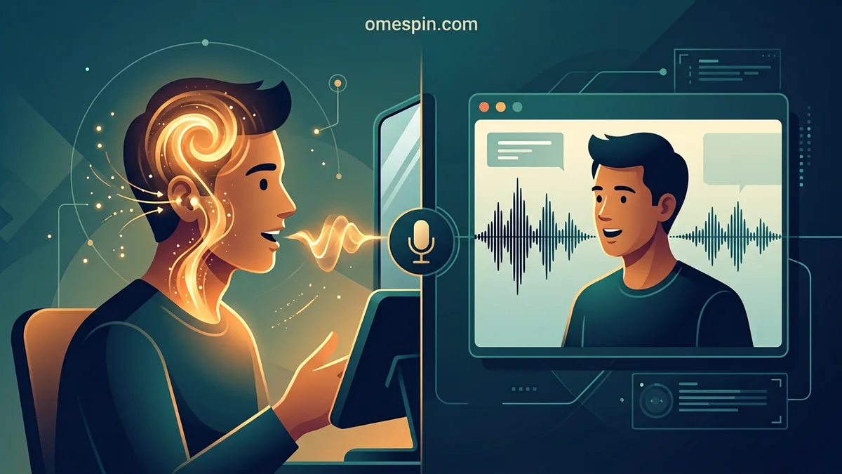 Split illustration of how you hear your own voice inside versus how others hear you on cam, on omespin.com